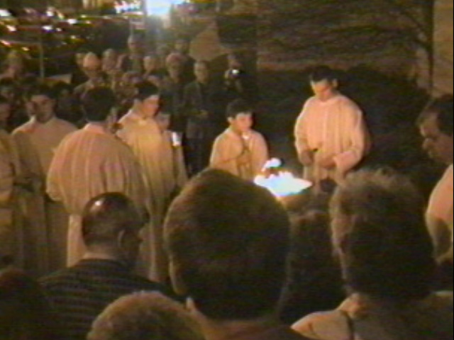Altar Boys prepare Easter Vigil Fire, St.Helen's Chicago, (c) 2000 AHG/DJGunkel